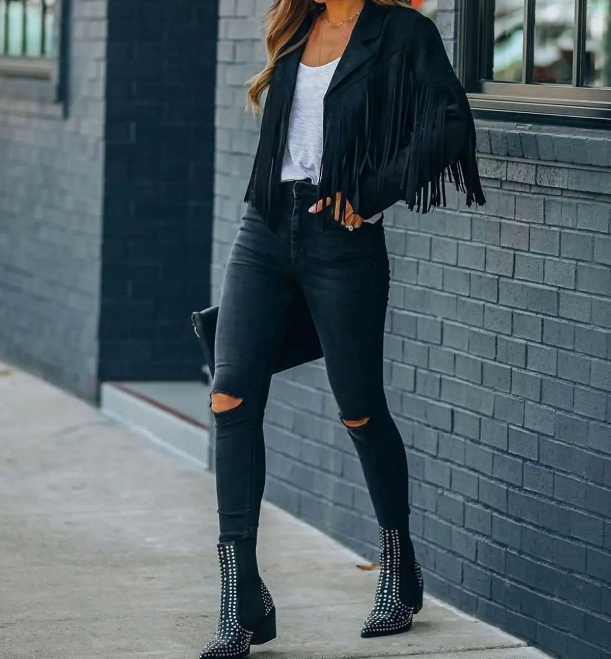 Sienna | Women's Cropped Boho Open-Front Notch-Lapel Moto Jacket