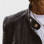 Blake | Women's Cropped Stand-Collar Quilted-Shoulder Vegan Leather Moto Jacket