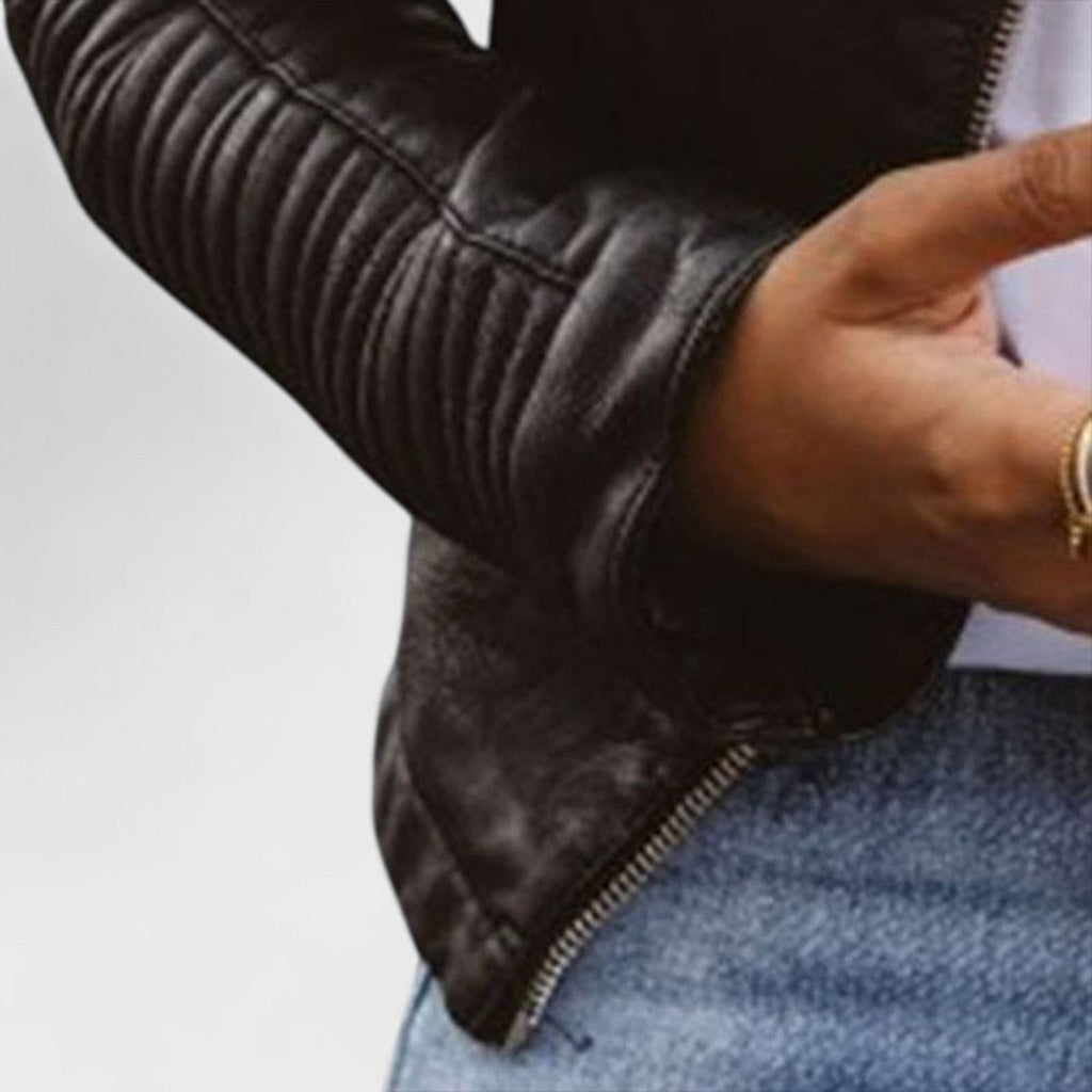 Blake | Women's Cropped Stand-Collar Quilted-Shoulder Vegan Leather Moto Jacket
