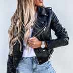 Catalina | Women's Cropped Vegan Leather Asymmetric-Zip Notch-Lapel Buckle-Strap Biker Jacket