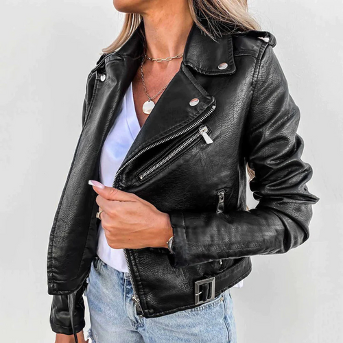 Catalina | Women's Cropped Vegan Leather Asymmetric-Zip Notch-Lapel Buckle-Strap Biker Jacket