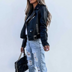 Catalina | Women's Cropped Vegan Leather Asymmetric-Zip Notch-Lapel Buckle-Strap Biker Jacket