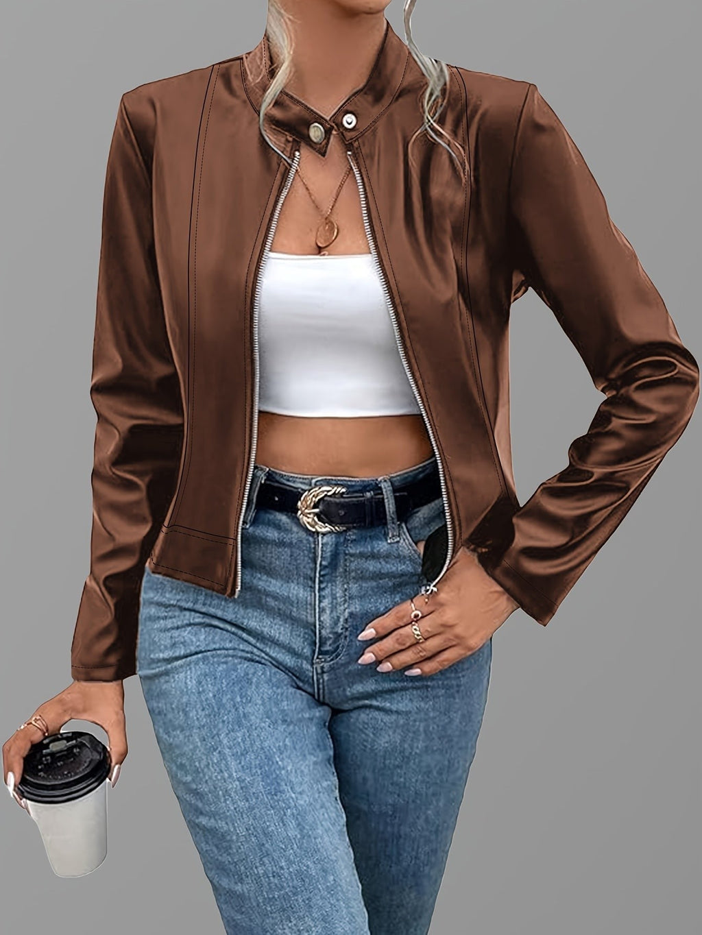Sienna | Women's Cropped Zip-Up Stand-Collar Vegan Leather Moto Jacket