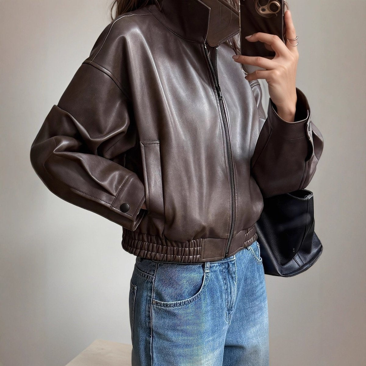 Sienna | Women's Cropped Zip-Up Vegan Leather Bomber Jacket