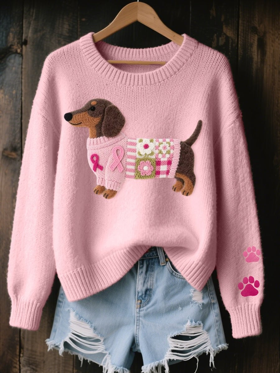 Poppy | Women's Dachshund Patchwork Ribbon-Motif Relaxed-Fit Crew Neck Jumper
