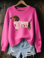 Poppy | Women's Dachshund Patchwork Ribbon-Motif Relaxed-Fit Crew Neck Jumper