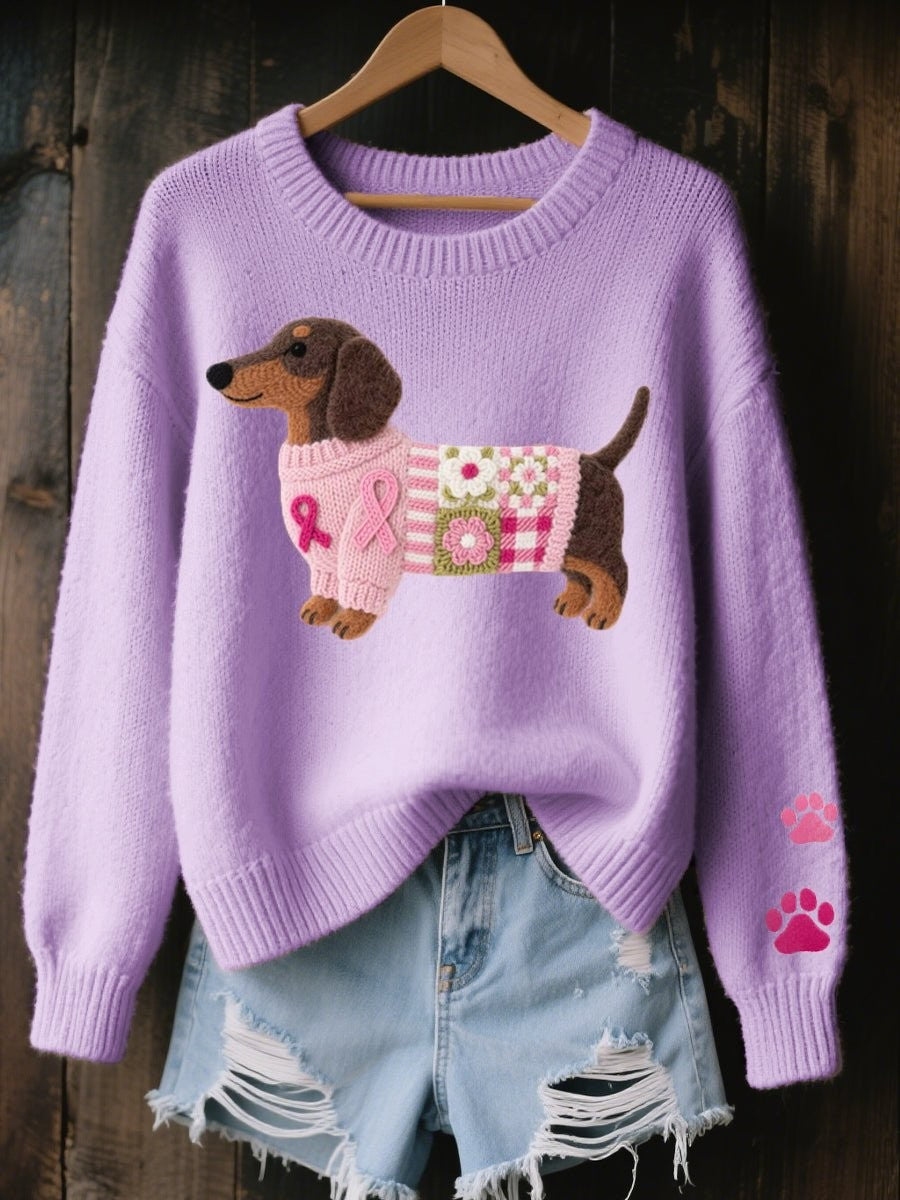 Poppy | Women's Dachshund Patchwork Ribbon-Motif Relaxed-Fit Crew Neck Jumper