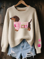 Poppy | Women's Dachshund Patchwork Ribbon-Motif Relaxed-Fit Crew Neck Jumper