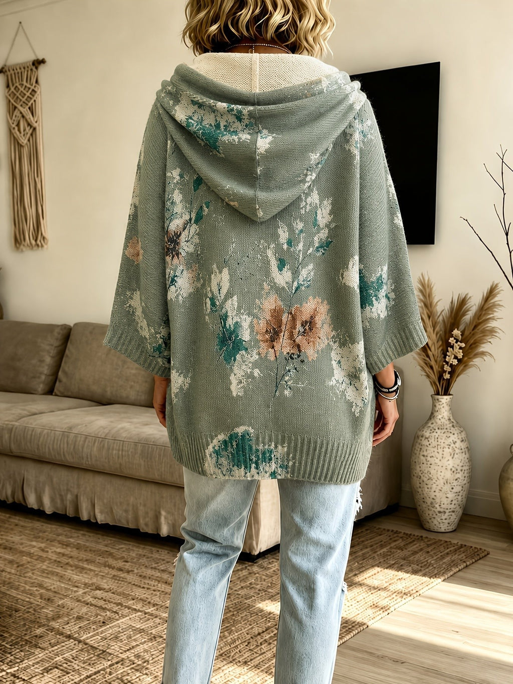 Sienna | Women's Floral Batwing-Sleeve Longline Hooded Cape Jumper