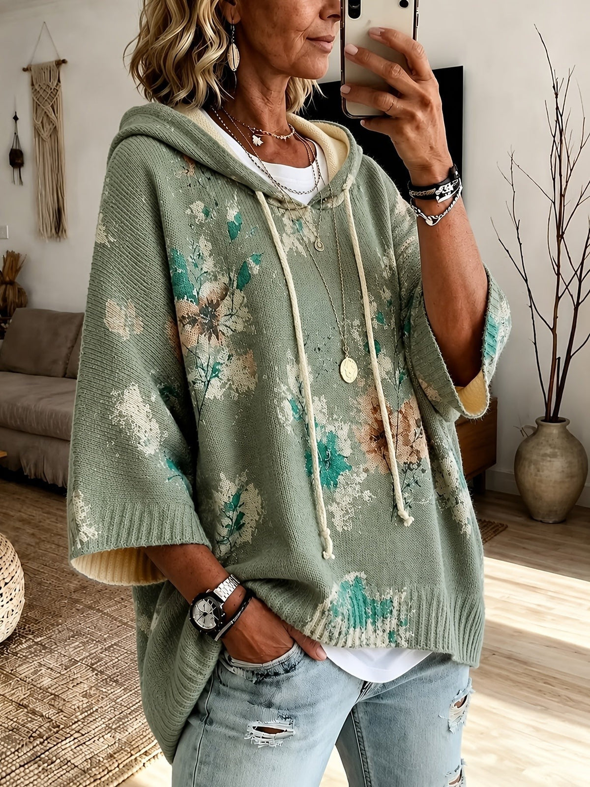 Sienna | Women's Floral Batwing-Sleeve Longline Hooded Cape Jumper