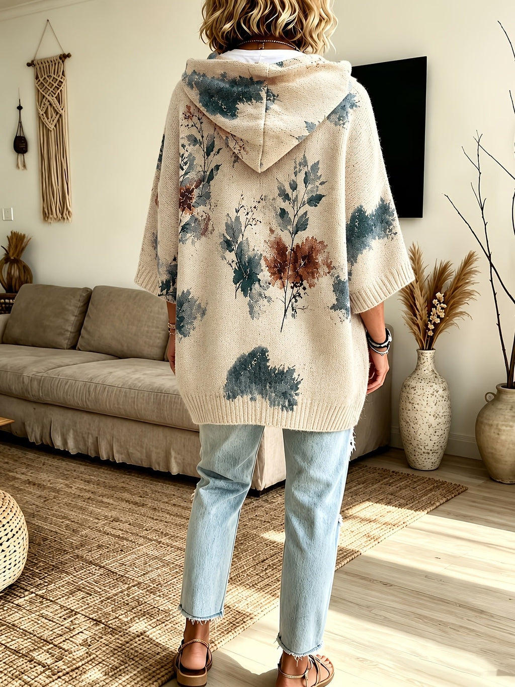 Sienna | Women's Floral Batwing-Sleeve Longline Hooded Cape Jumper