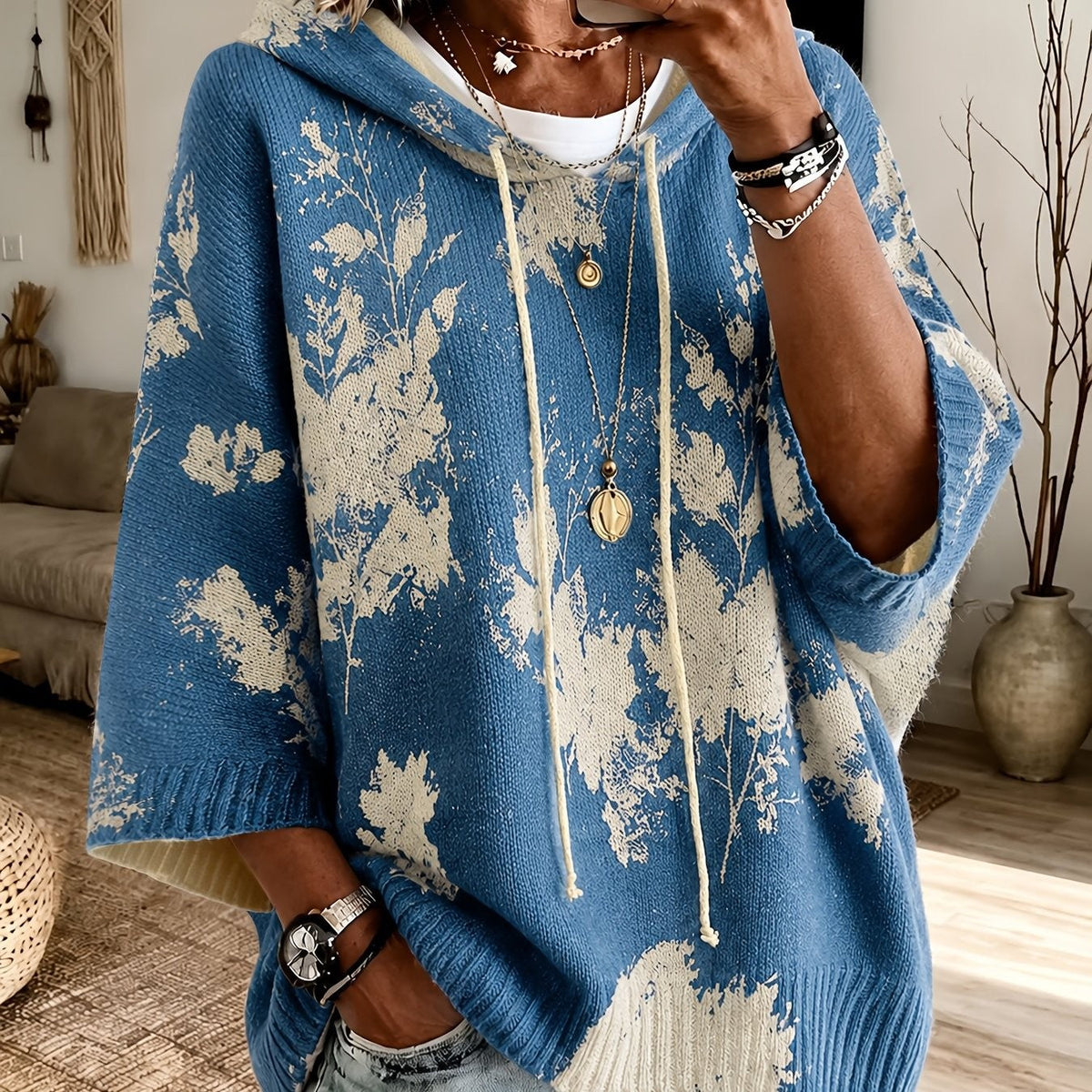 Sienna | Women's Floral Batwing-Sleeve Longline Hooded Cape Jumper