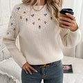 Wren | Women's Floral Embroidered Textured-Panel Crew Neck Jumper
