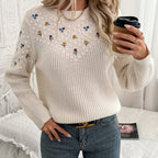 Wren | Women's Floral Embroidered Textured-Panel Crew Neck Jumper