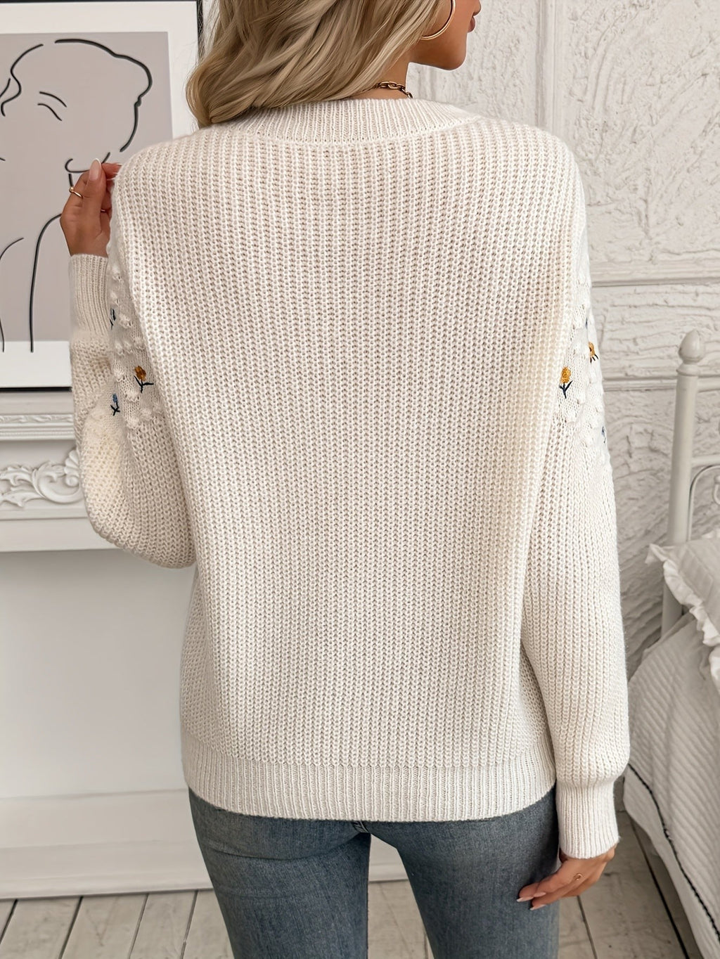 Wren | Women's Floral Embroidered Textured-Panel Crew Neck Jumper
