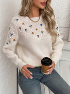 Wren | Women's Floral Embroidered Textured-Panel Crew Neck Jumper