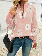 Larissa | Women's Floral Half-Zip Drop-Shoulder Relaxed-Fit Funnel-Neck Jumper