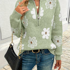 Larissa | Women's Floral Half-Zip Drop-Shoulder Relaxed-Fit Funnel-Neck Jumper