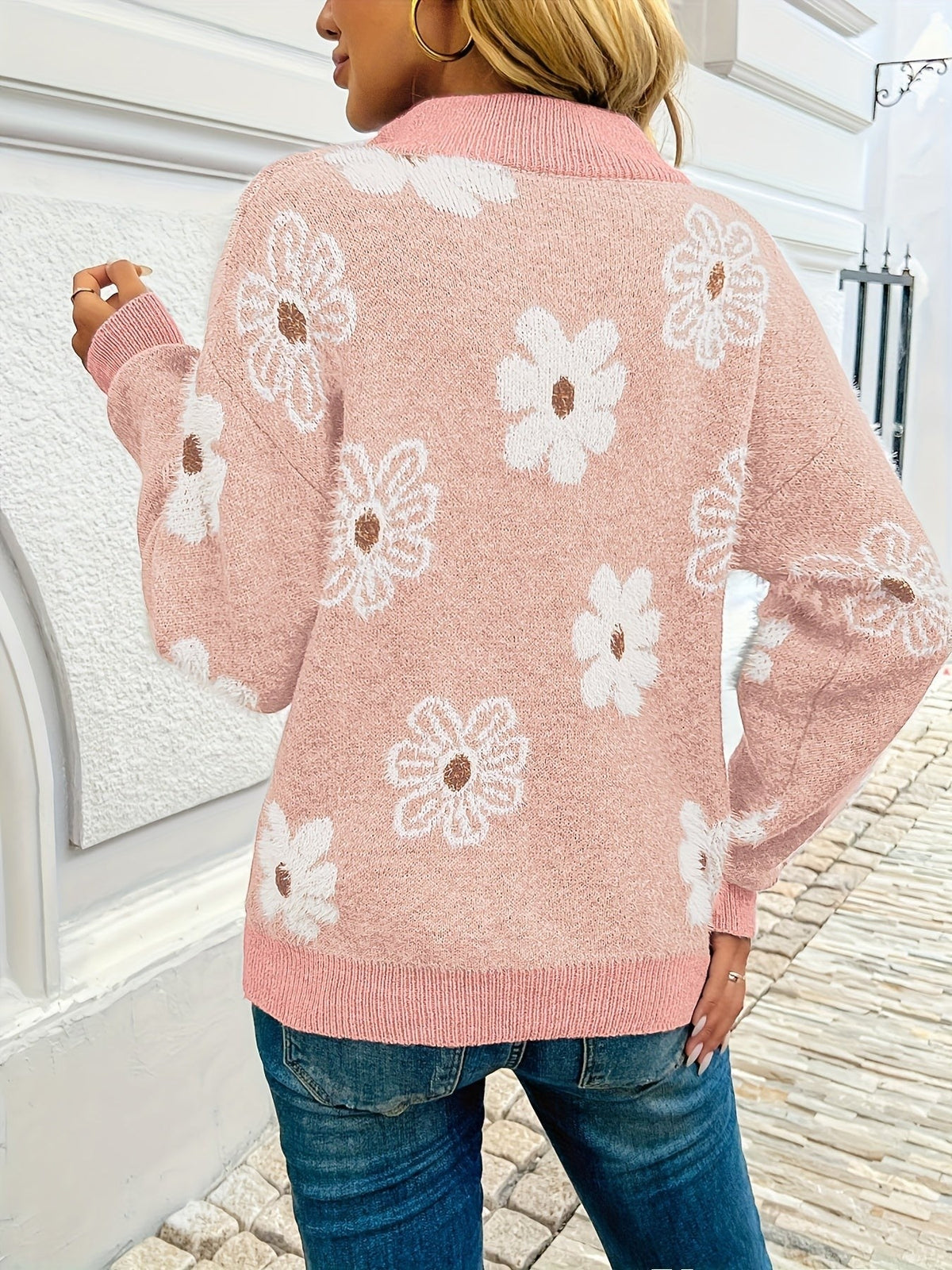 Larissa | Women's Floral Half-Zip Drop-Shoulder Relaxed-Fit Funnel-Neck Jumper