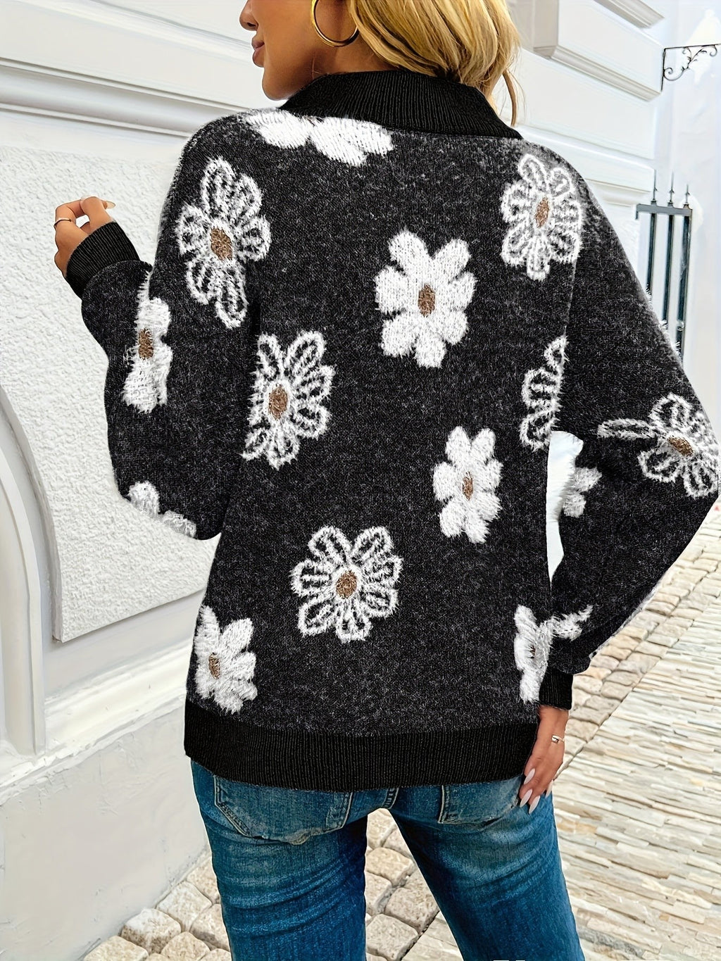Larissa | Women's Floral Half-Zip Drop-Shoulder Relaxed-Fit Funnel-Neck Jumper