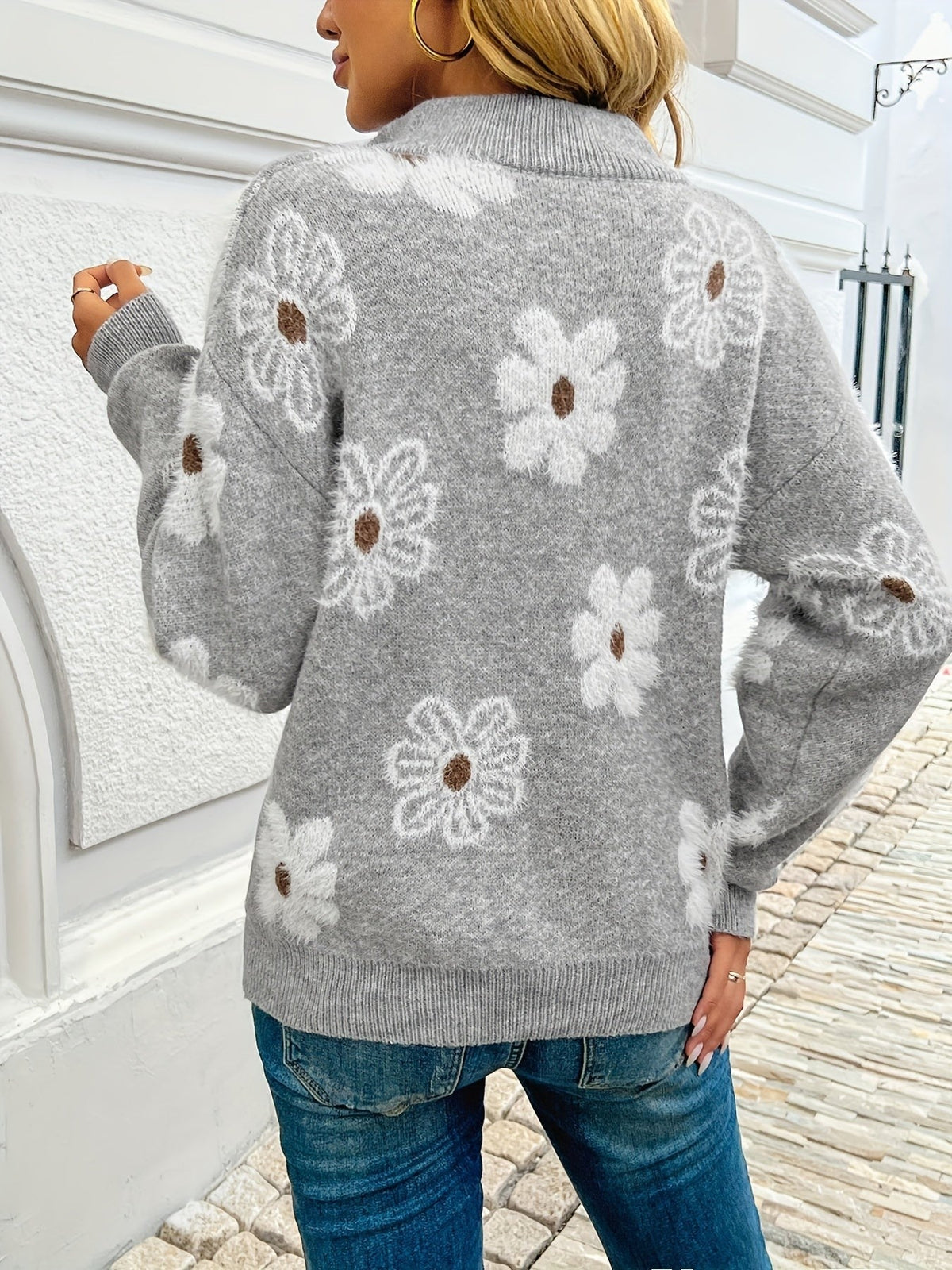 Larissa | Women's Floral Half-Zip Drop-Shoulder Relaxed-Fit Funnel-Neck Jumper