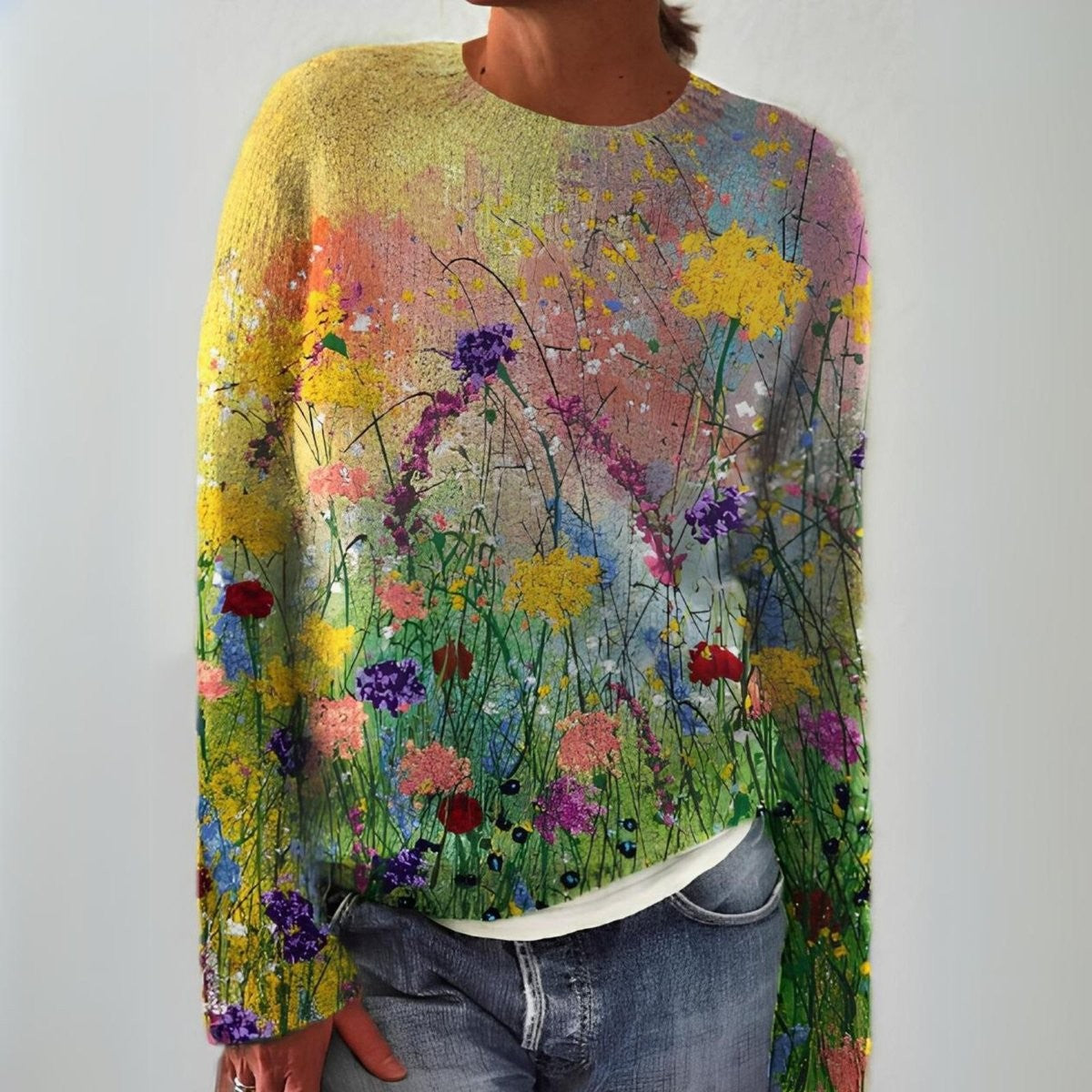 Meadow | Women's Floral Print Relaxed-Fit Long-Sleeve Crew-Neck Jumper