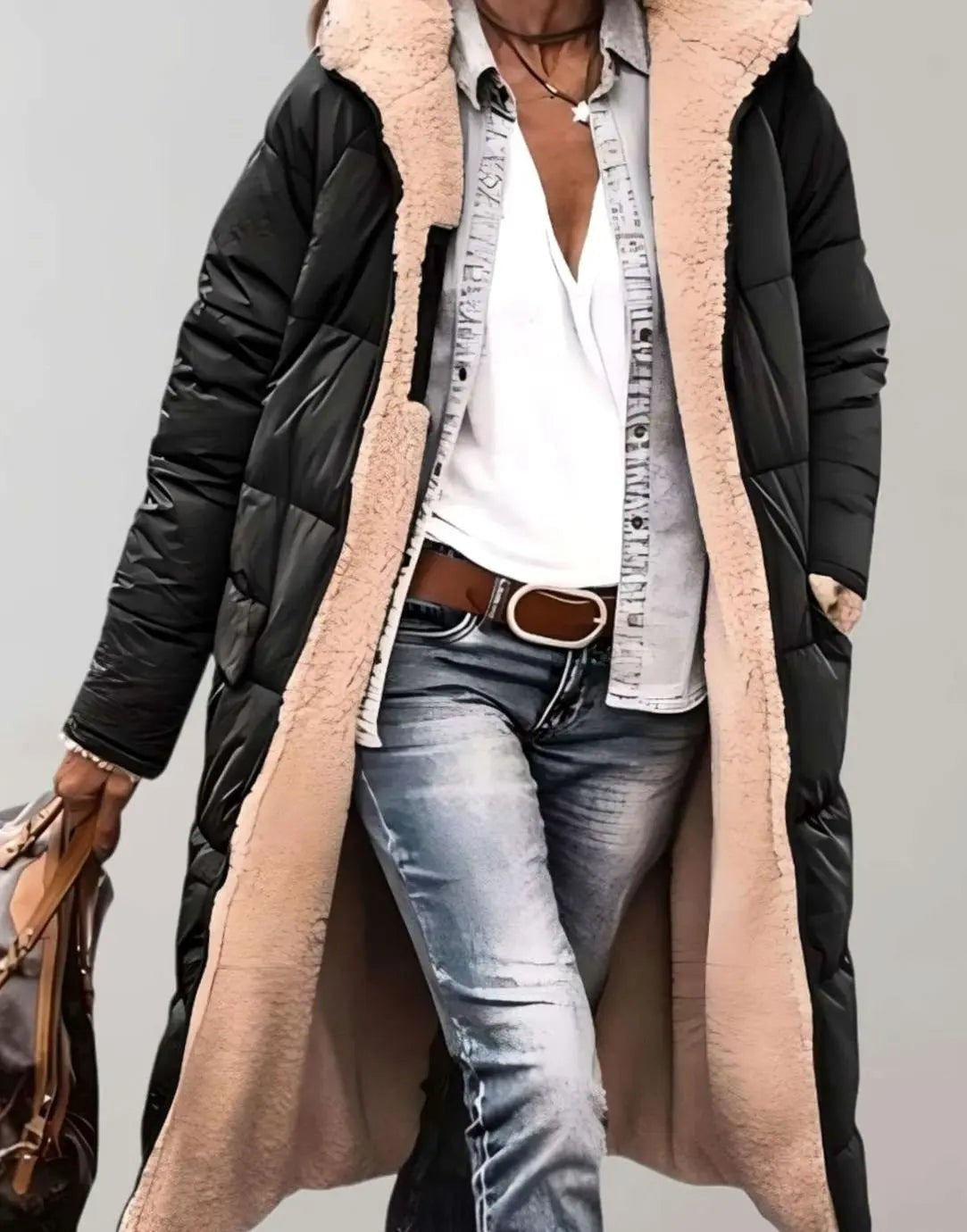 Isla | Women's Longline Hooded Fleece-Trim Open-Front Quilted Coat