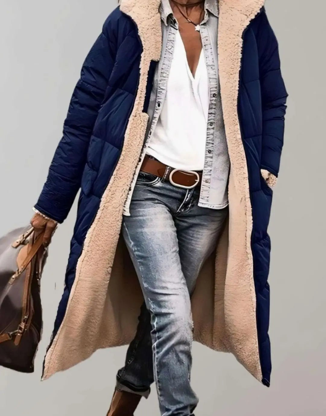 Isla | Women's Longline Hooded Fleece-Trim Open-Front Quilted Coat