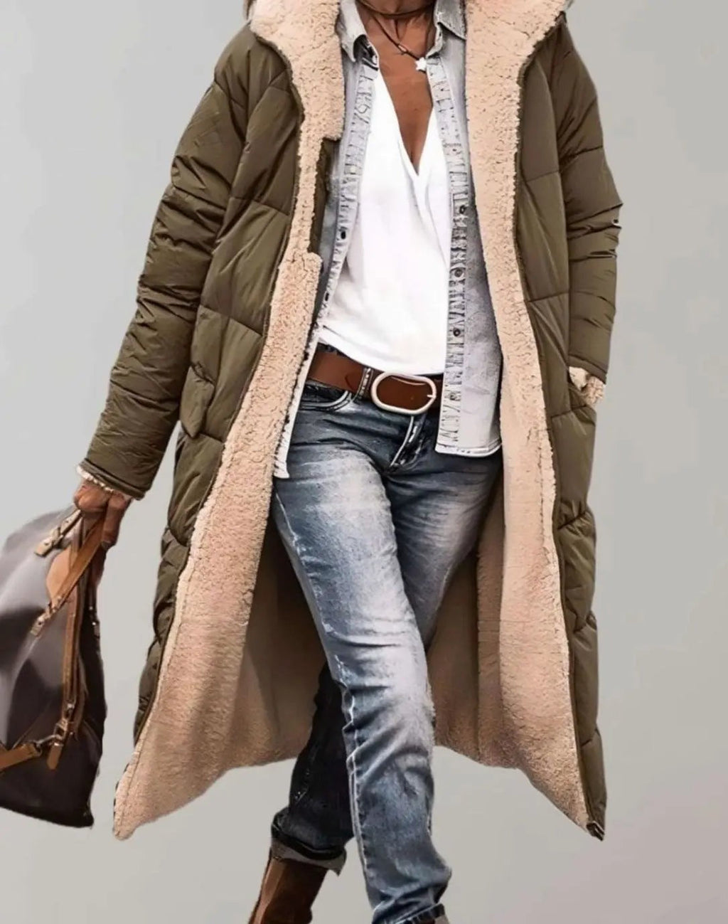 Isla | Women's Longline Hooded Fleece-Trim Open-Front Quilted Coat