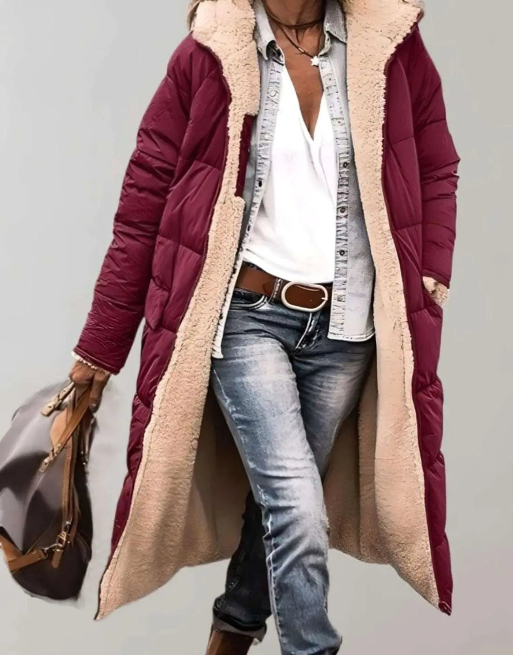 Isla | Women's Longline Hooded Fleece-Trim Open-Front Quilted Coat