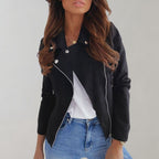 Billie | Women's Notch-Lapel Asymmetric-Zip Cropped Biker Jacket