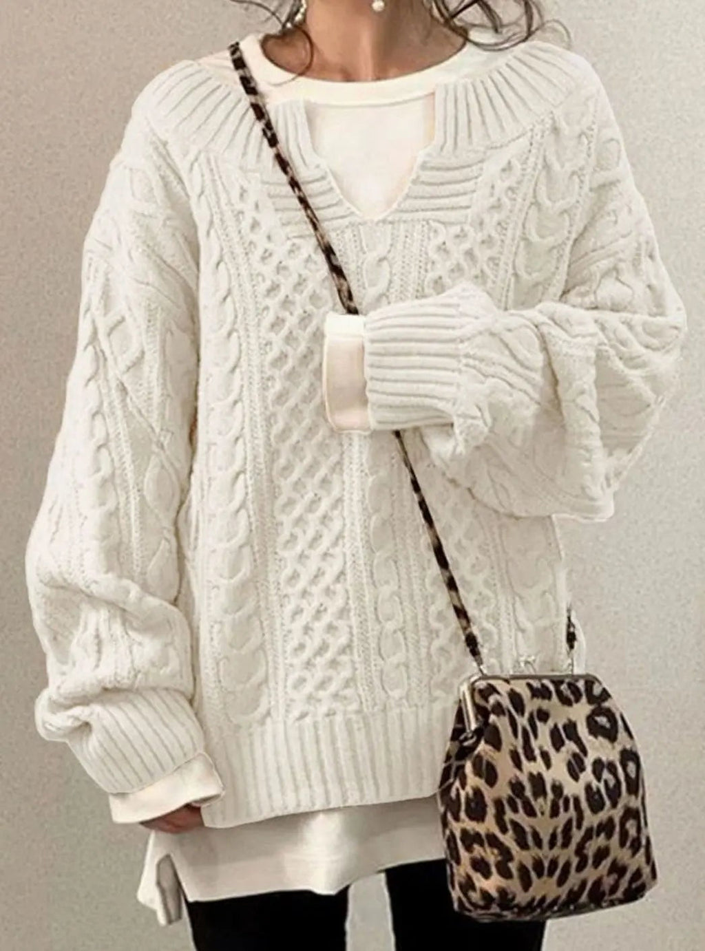 Freya | Women's Oversized Cable-Knit Layered V-Neck Jumper