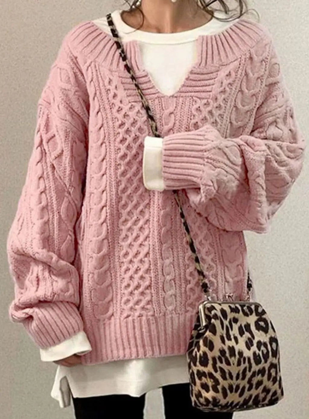 Freya | Women's Oversized Cable-Knit Layered V-Neck Jumper