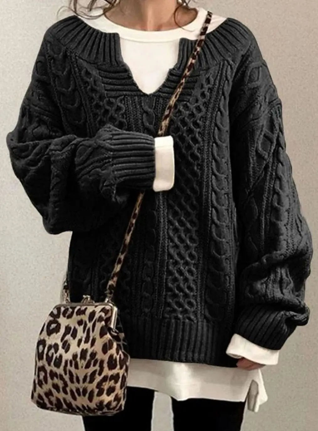 Freya | Women's Oversized Cable-Knit Layered V-Neck Jumper