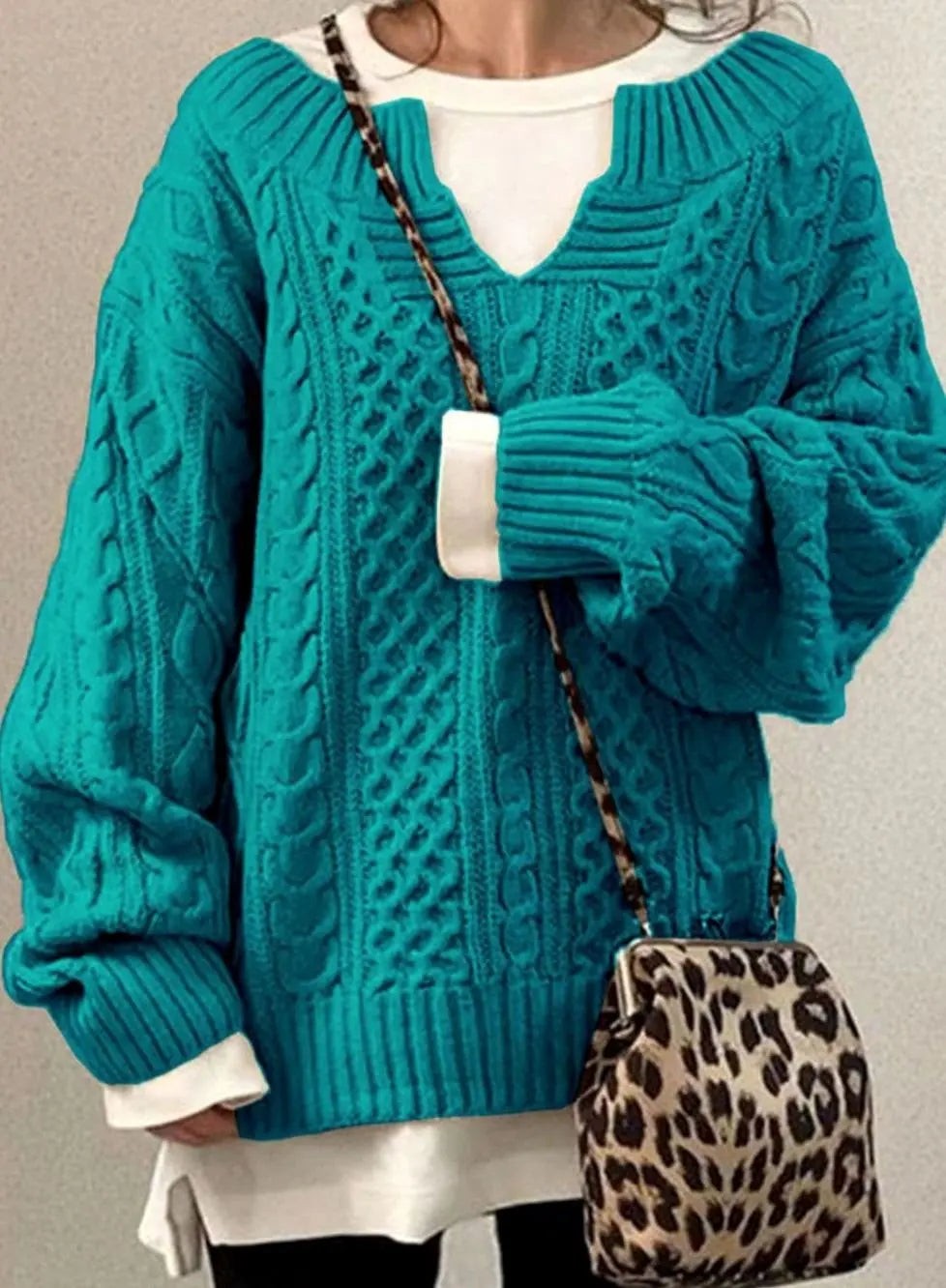 Freya | Women's Oversized Cable-Knit Layered V-Neck Jumper