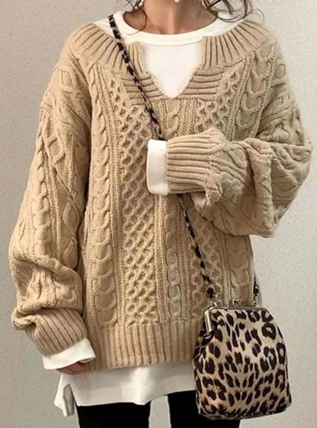 Freya | Women's Oversized Cable-Knit Layered V-Neck Jumper