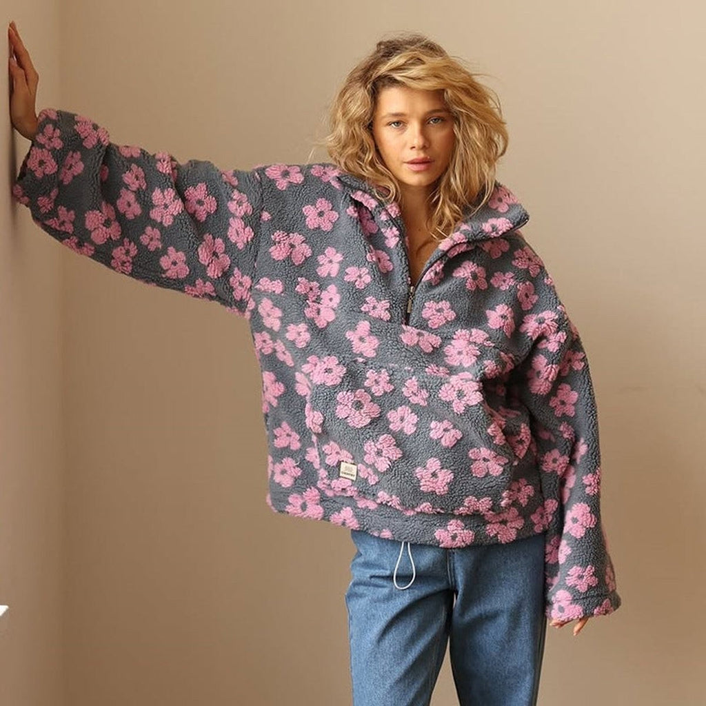 Poppy | Women's Oversized Floral Half-Zip Drop-Shoulder Cropped Jumper