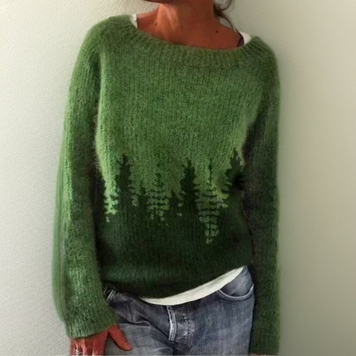 Willow | Women's Oversized Forest-Print Round-Neck Long-Sleeve Jumper