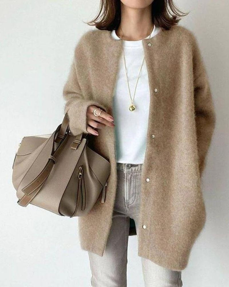 Rosie | Women's Oversized Longline Round-Neck Snap-Button Cardigan