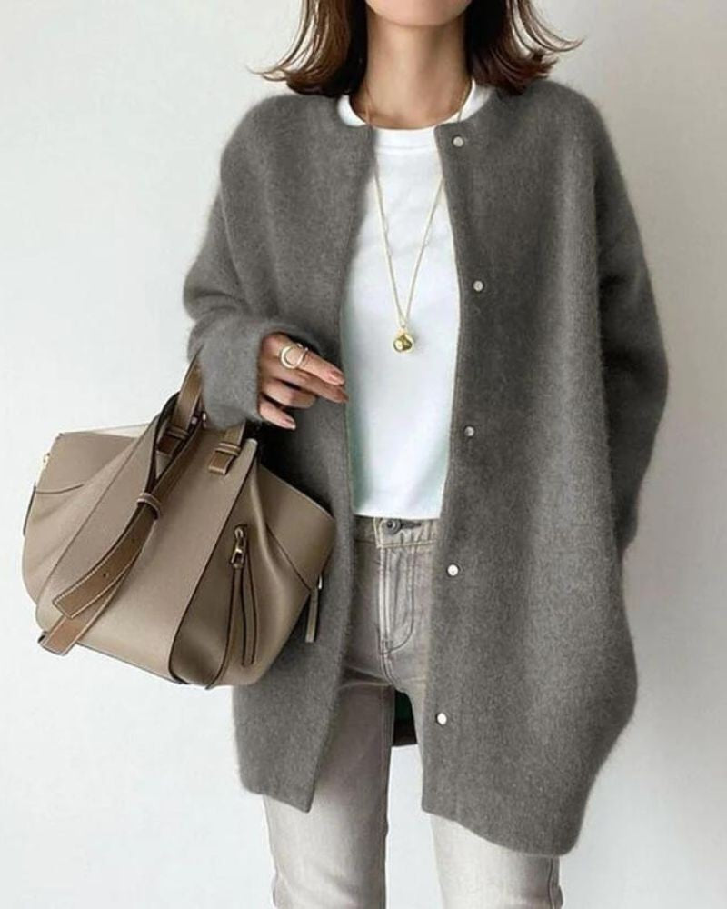 Rosie | Women's Oversized Longline Round-Neck Snap-Button Cardigan