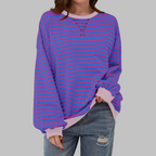 Mirelle | Women's Oversized Striped Contrast-Trim Crew Neck Pullover Sweatshirt