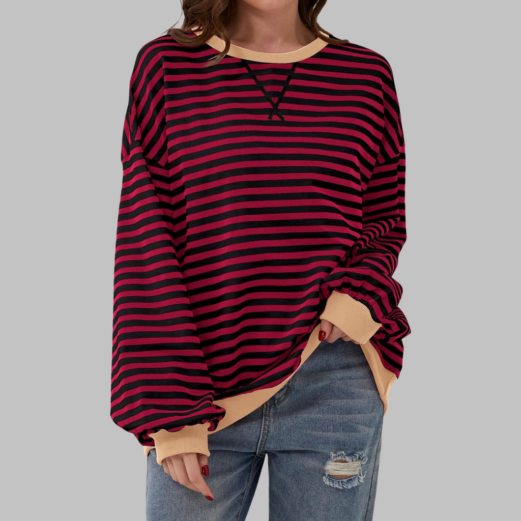 Mirelle | Women's Oversized Striped Contrast-Trim Crew Neck Pullover Sweatshirt