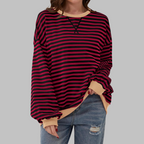 Mirelle | Women's Oversized Striped Contrast-Trim Crew Neck Pullover Sweatshirt