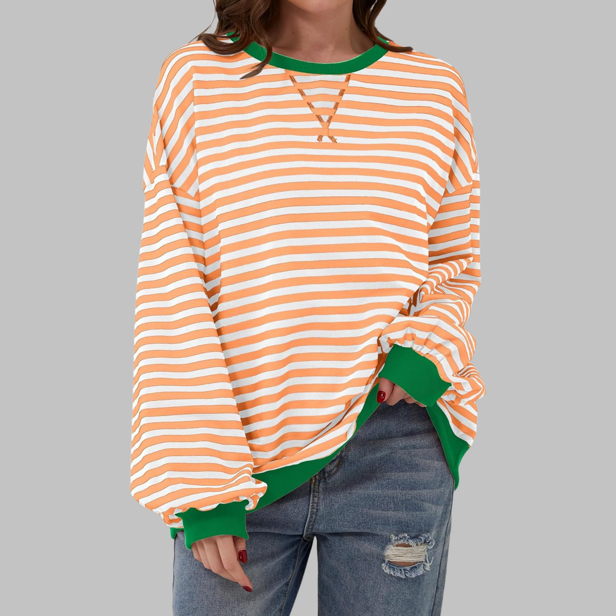 Mirelle | Women's Oversized Striped Contrast-Trim Crew Neck Pullover Sweatshirt
