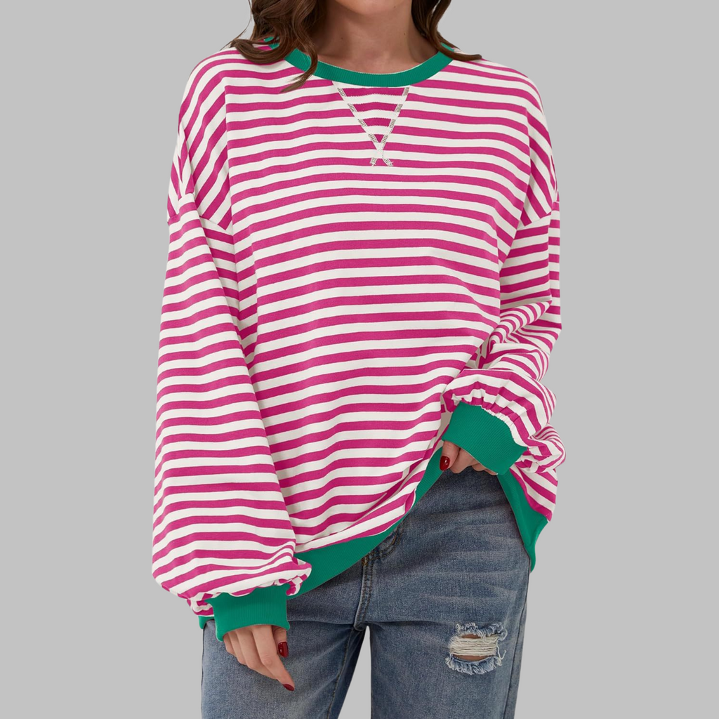 Mirelle | Women's Oversized Striped Contrast-Trim Crew Neck Pullover Sweatshirt