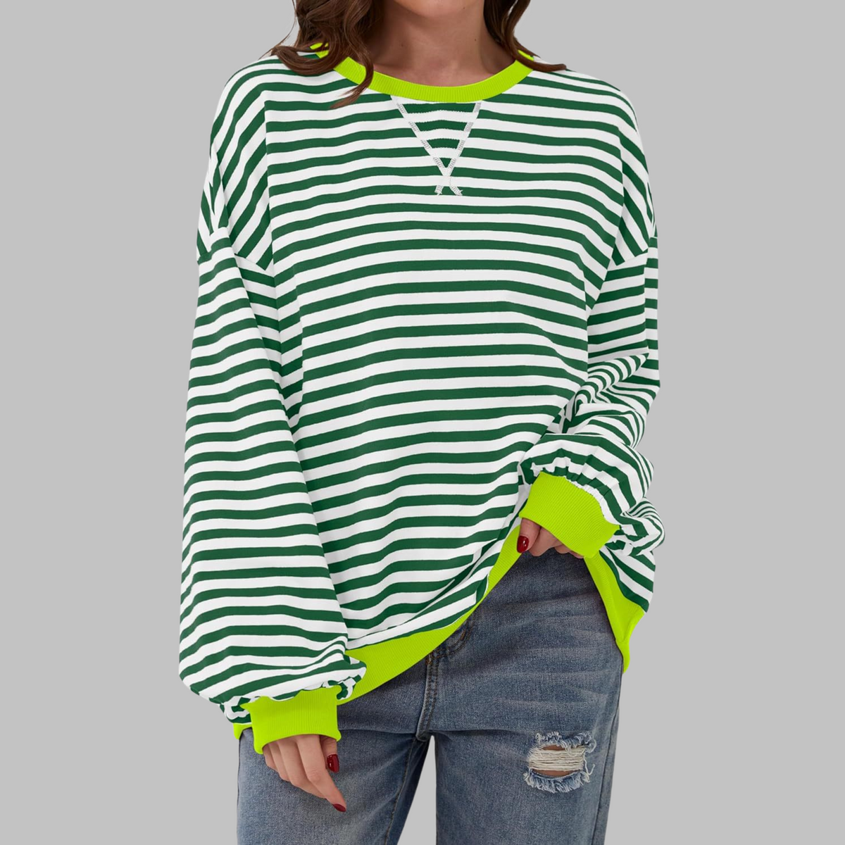 Mirelle | Women's Oversized Striped Contrast-Trim Crew Neck Pullover Sweatshirt