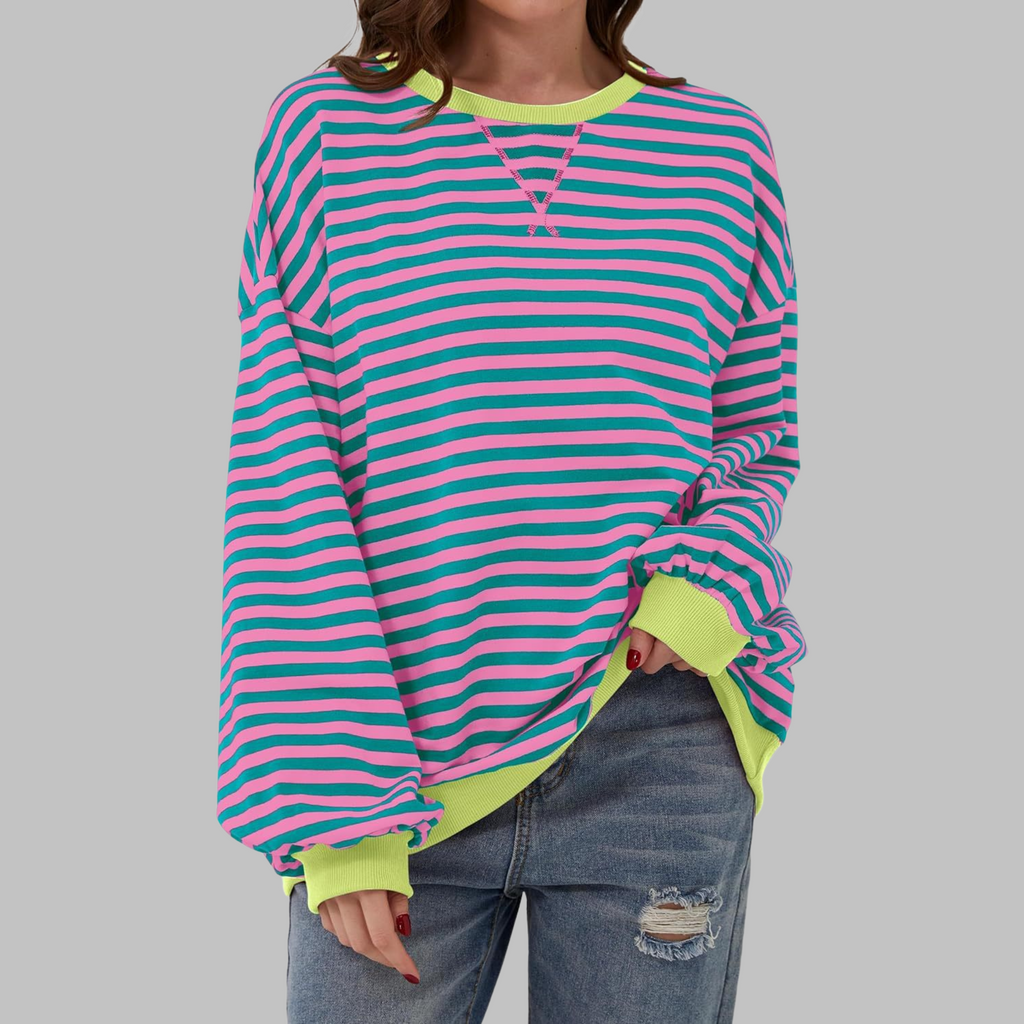 Mirelle | Women's Oversized Striped Contrast-Trim Crew Neck Pullover Sweatshirt
