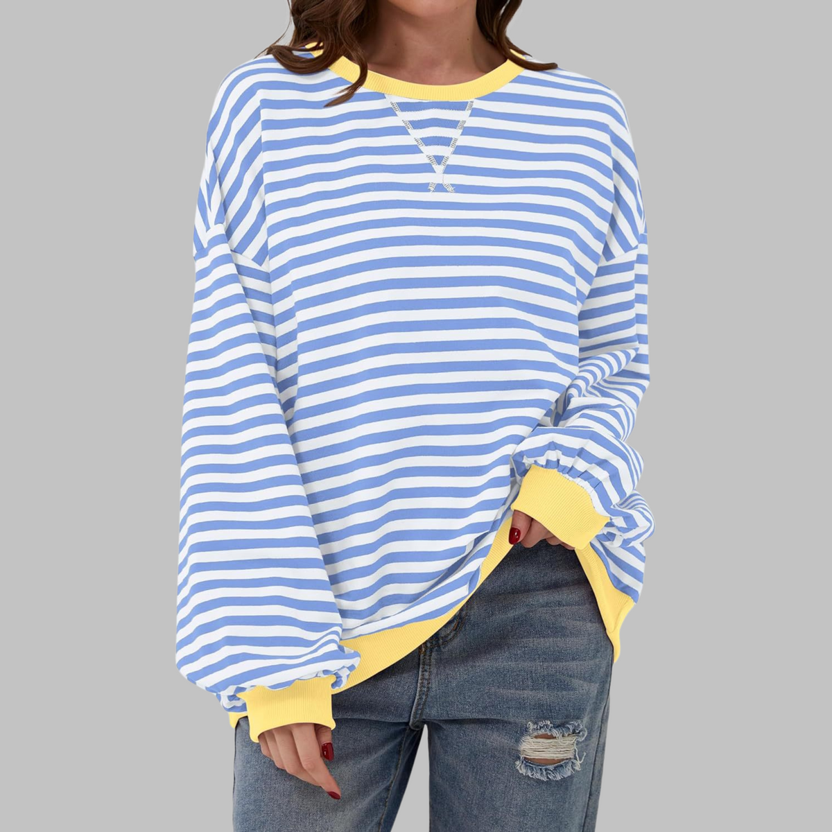 Mirelle | Women's Oversized Striped Contrast-Trim Crew Neck Pullover Sweatshirt