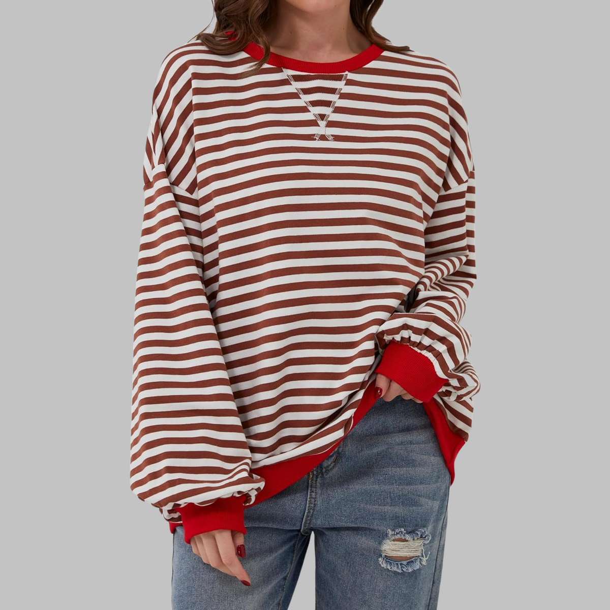 Mirelle | Women's Oversized Striped Contrast-Trim Crew Neck Pullover Sweatshirt