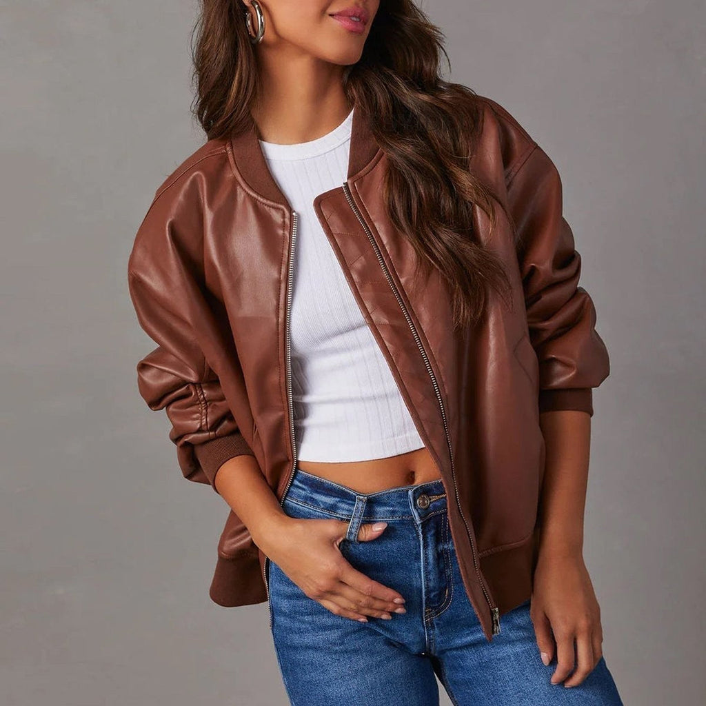 Mia | Women's Relaxed-Fit Vegan Leather Zip-Front Bomber Jacket